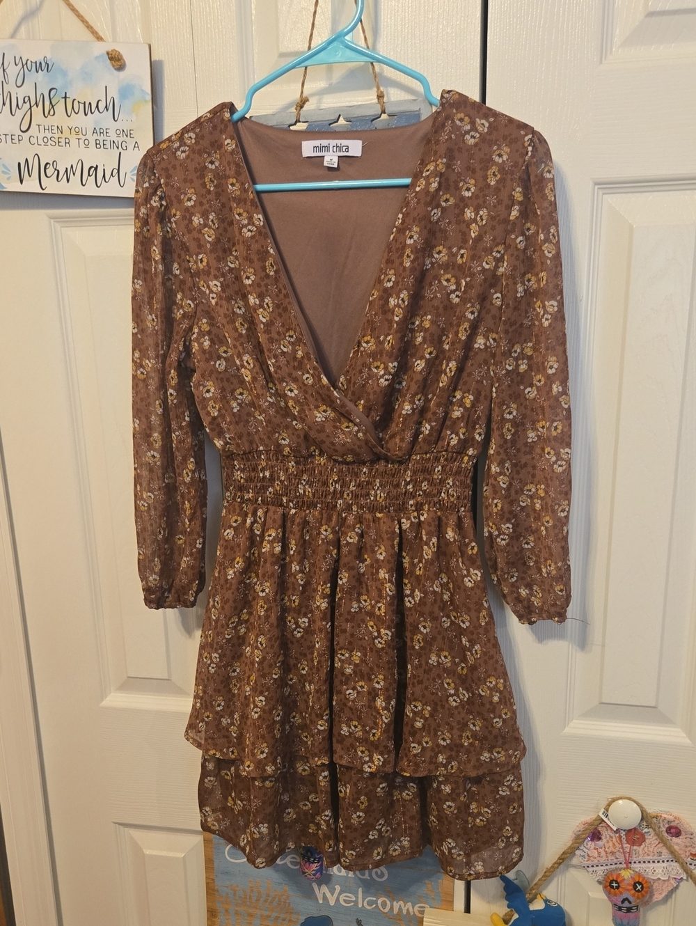 Mimi Chica Brown Floral Wrap Tiered Long Sleeve Dress